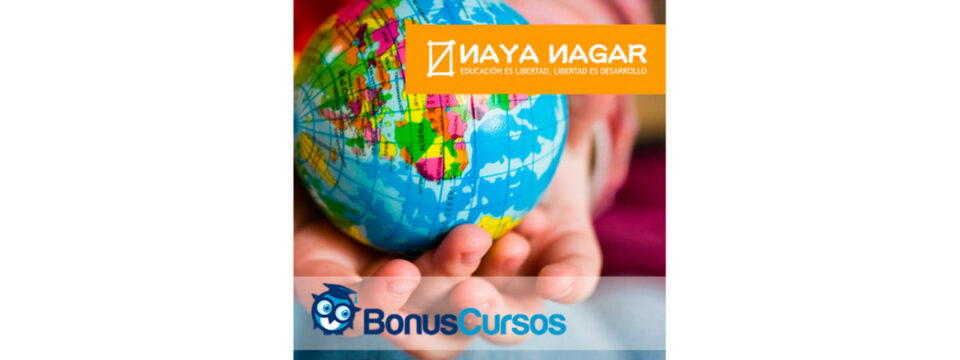 Manos sosteniendo globo terráqueo con logotipos de Maya Nagar y Bonus Cursos para promover educación y desarrollo global.
