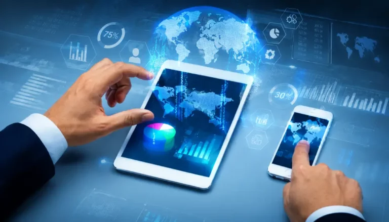 Visualización de Datos y Transformación Digital Global Mano operando tableta y smartphone con proyecciones holográficas de gráficos financieros y mapa mundial en tonos azules.