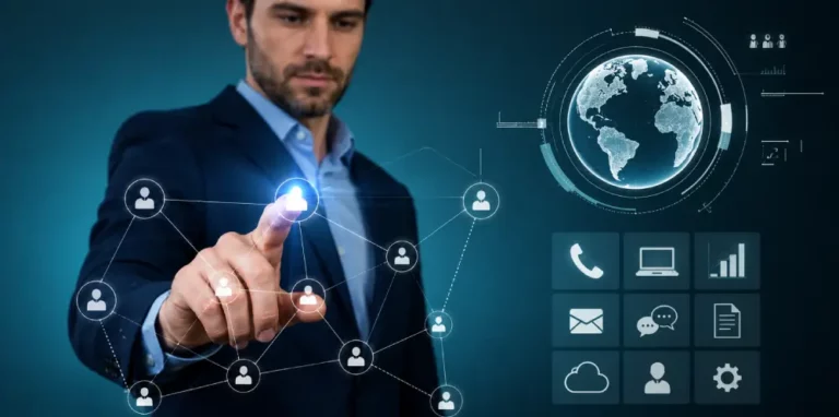 Soluciones de Networking Digital y Conectividad Global Profesional interactuando con red de nodos digitales y globo terráqueo en interfaz de comunicación empresarial moderna.