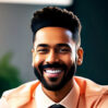 Hombre afro con barba y corte fade sonriendo, viste traje naranja y corbata en ambiente corporativo.