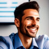 Hombre con barba y peinado pompadour sonriendo en entorno de oficina con camisa azul claro y fondo desenfocado.