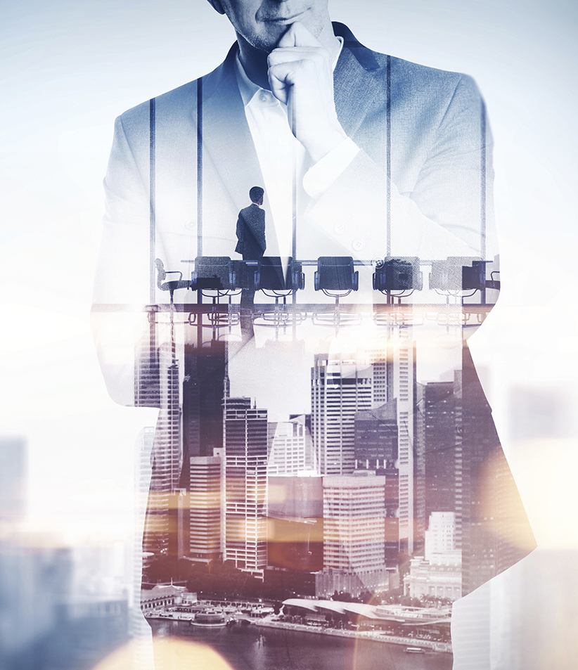 Double exposure concept with thinking businessman and city. With Double exposure concept with thinking businessman and city. With