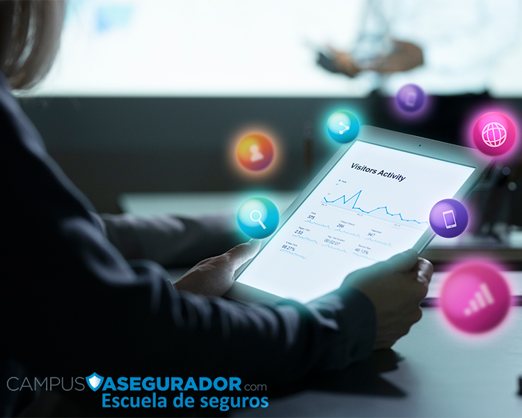 Tablet con panel de métricas Visitors Activity e iconos digitales de Campus Asegurador Escuela de seguros.