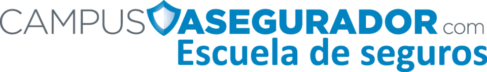 Logotipo Campus Asegurador con escudo azul y blanco, texto Escuela de Seguros en azul y gris, sobre fondo blanco.