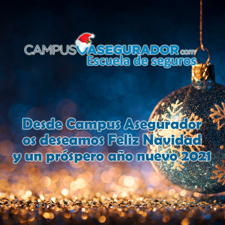 Felicitación navideña de Campus Asegurador con bola azul brillante y deseos de Feliz Navidad y próspero año 2021.