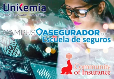 Logotipos de Gestionrisk y Campus Asegurador sobre profesionales firmando contratos de seguros y gestión de riesgos.