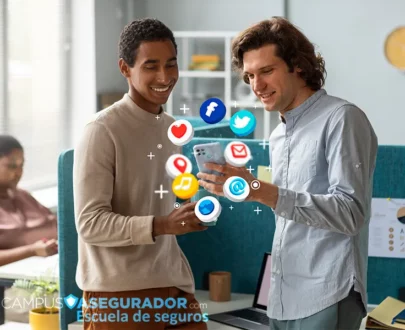 Dos profesionales analizan iconos digitales flotantes sobre smartphone en oficina de Campus Asegurador.