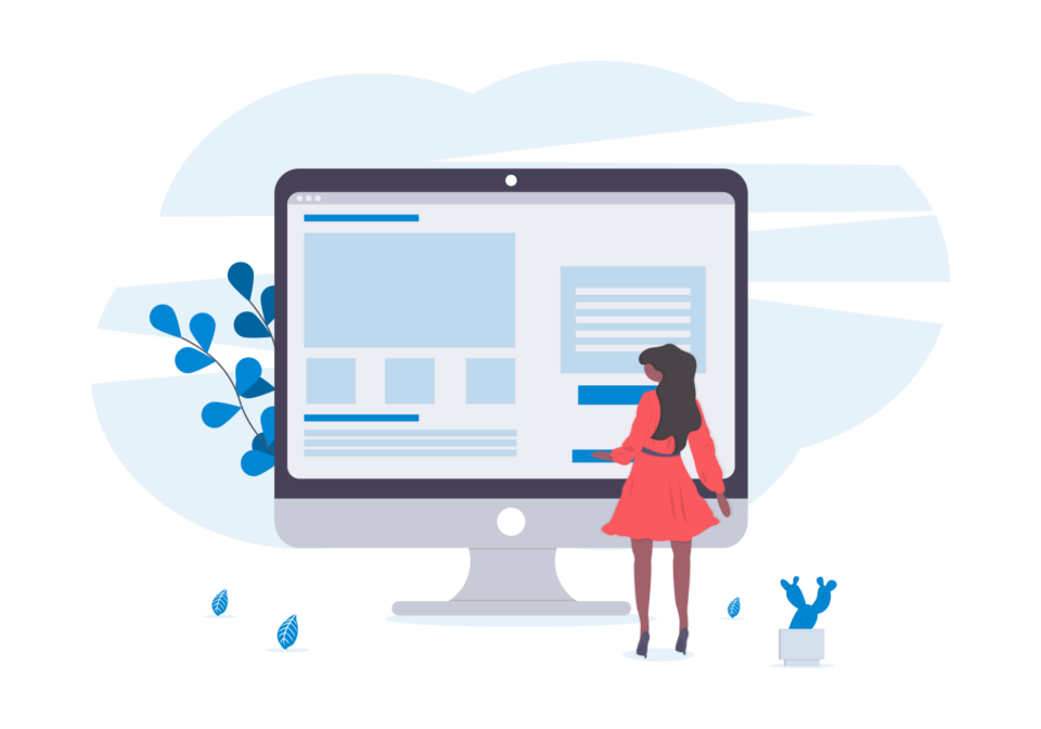 Ilustración flat de mujer analizando prototipo web en monitor grande rodeada de plantas estilizadas en tonos azul y coral.