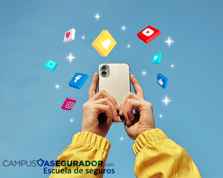 Smartphone con iconos 3D de redes sociales flotantes y logo Campus Asegurador sobre fondo de cielo azul despejado.
