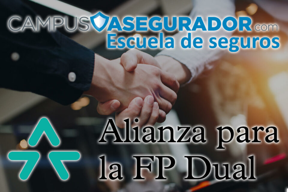 Logotipo Campus Asegurador y Alianza para la FP Dual sobre fondo de apretón de manos simbolizando convenio educativo.