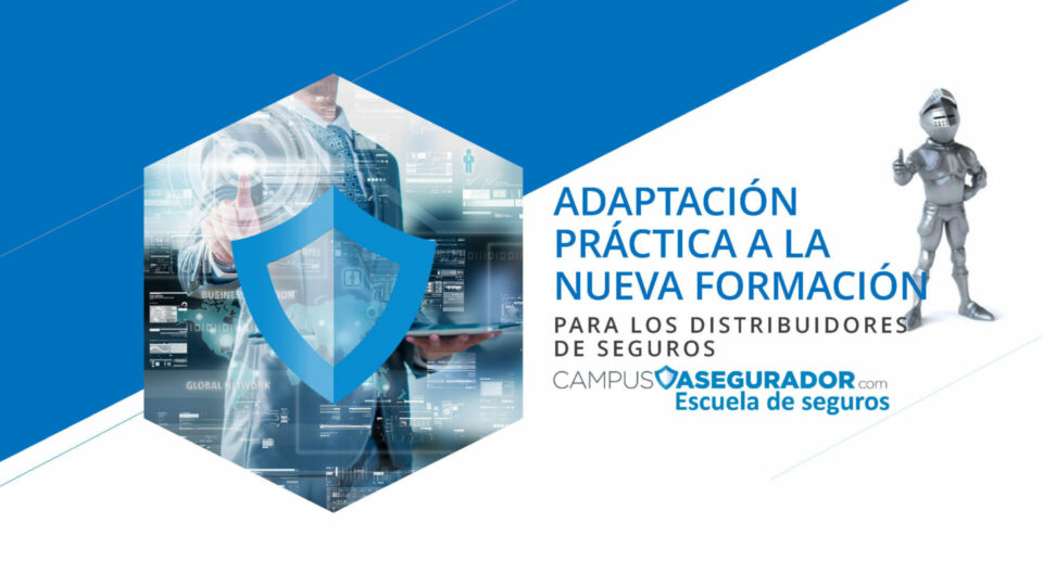 Adaptación formación distribuidores seguros Campus Asegurador con escudo protector digital y caballero en armadura plateada.