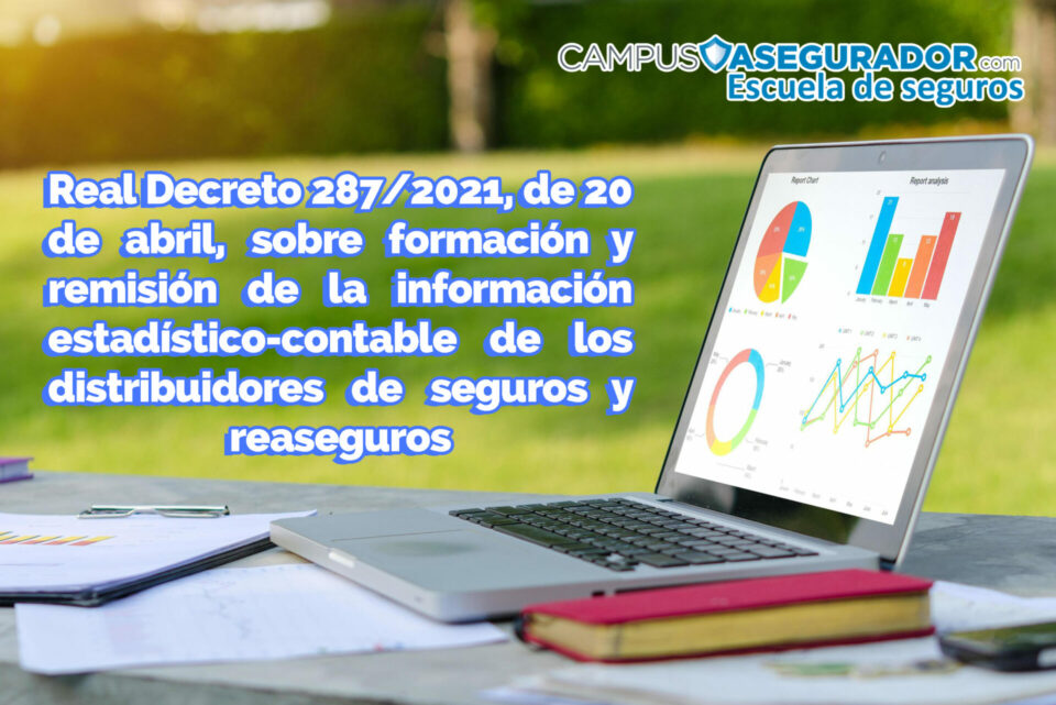 Laptop con reportes estadísticos y texto informativo sobre Real Decreto 287/2021 de formación para sector seguros.