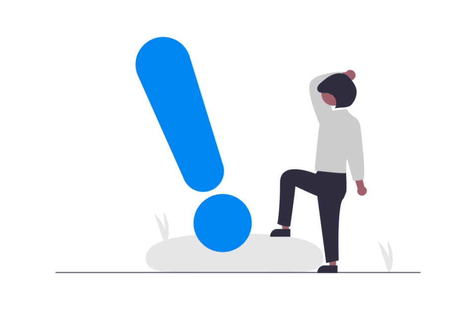 Personaje observando un gran signo de exclamación azul sobre una plataforma, simbolizando alerta o notificación crítica.