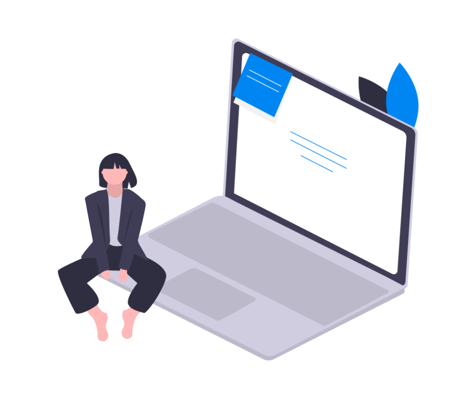Mujer con traje sentada en borde de laptop abierta con nota adhesiva azul y líneas de texto en pantalla minimalista.