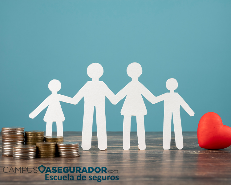 Siluetas familiares de papel junto a monedas y un corazón rojo, representando protección económica y salud familiar.