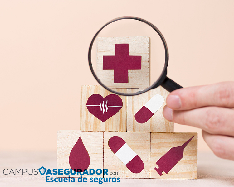 Lupa enfocando bloque con cruz roja sobre iconos de salud, corazón y fármacos. Incluye logo de Campus Asegurador.