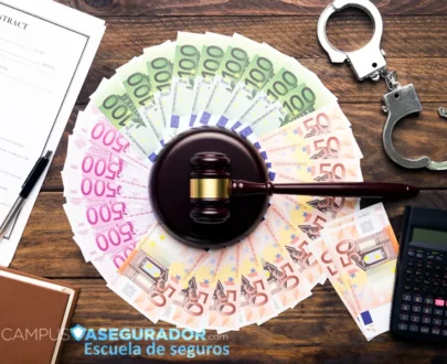 Mazo judicial sobre billetes de euro y esposas metálicas. Concepto de delitos financieros y marco legal en seguros.