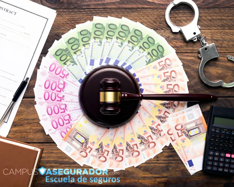 Mazo judicial sobre billetes de euro y esposas metálicas. Concepto de delitos financieros y marco legal en seguros.