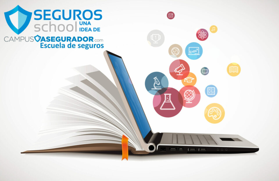 Portátil fusionado con libro abierto e iconos educativos y logo Seguros School de Campus Asegurador.