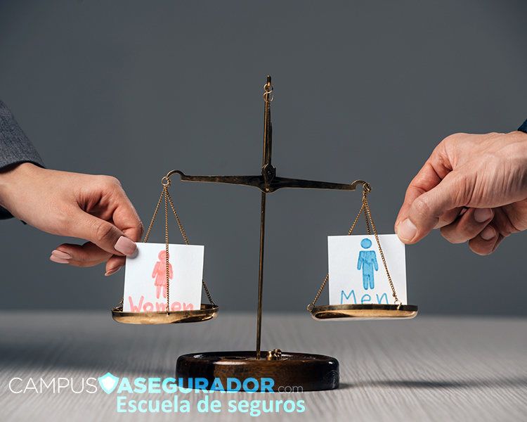 Manos equilibrando iconos de hombre y mujer en una balanza de bronce, representando igualdad de género y justicia social.