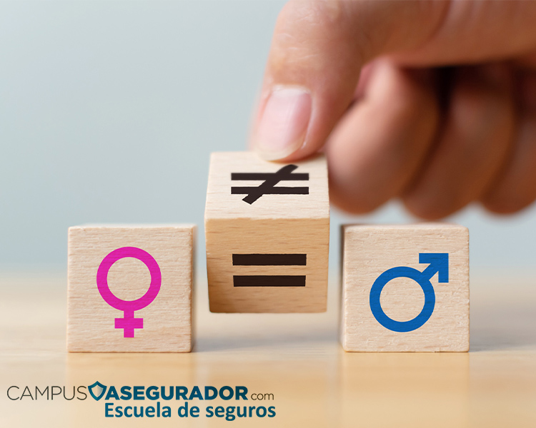 Mano rotando bloque de madera de desigualdad a igualdad flanqueado por símbolos de género femenino y masculino.