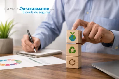 Mano apilando cubos de madera con iconos ESG y reciclaje junto a rueda de la Agenda 2030 de Campus Asegurador.