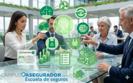Dedo tocando interfaz holográfica de iconos ecológicos y logo de Campus Asegurador Escuela de Seguros.