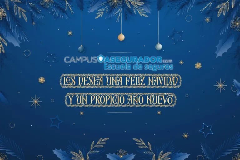 Logotipo Campus Asegurador y texto: Les desea una Feliz Navidad y un propicio Año Nuevo en fondo azul y dorado.