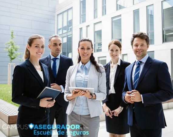 Cinco profesionales de Campus Asegurador posan frente a oficina moderna portando tablet y libreta de notas.