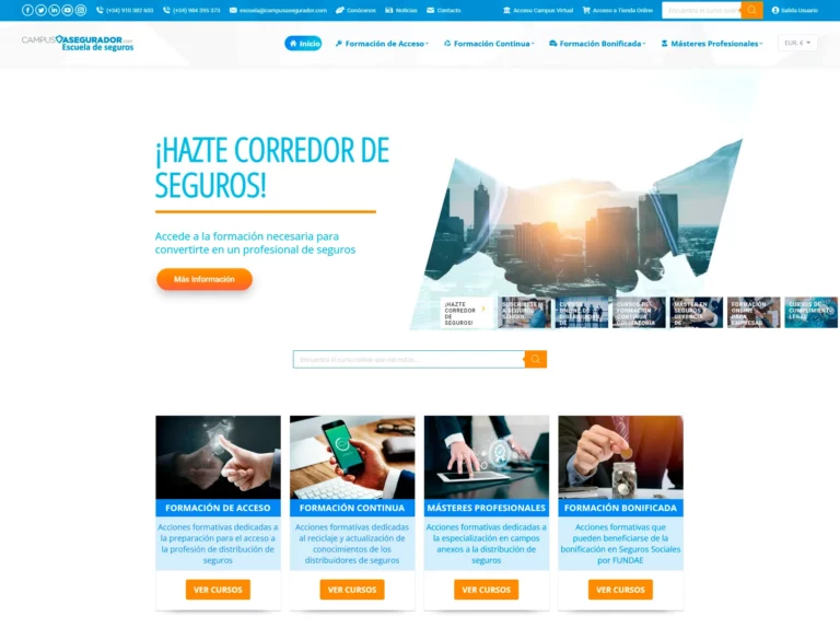 Página principal de Campus Asegurador con cursos para corredores de seguros, formación continua y másteres profesionales.