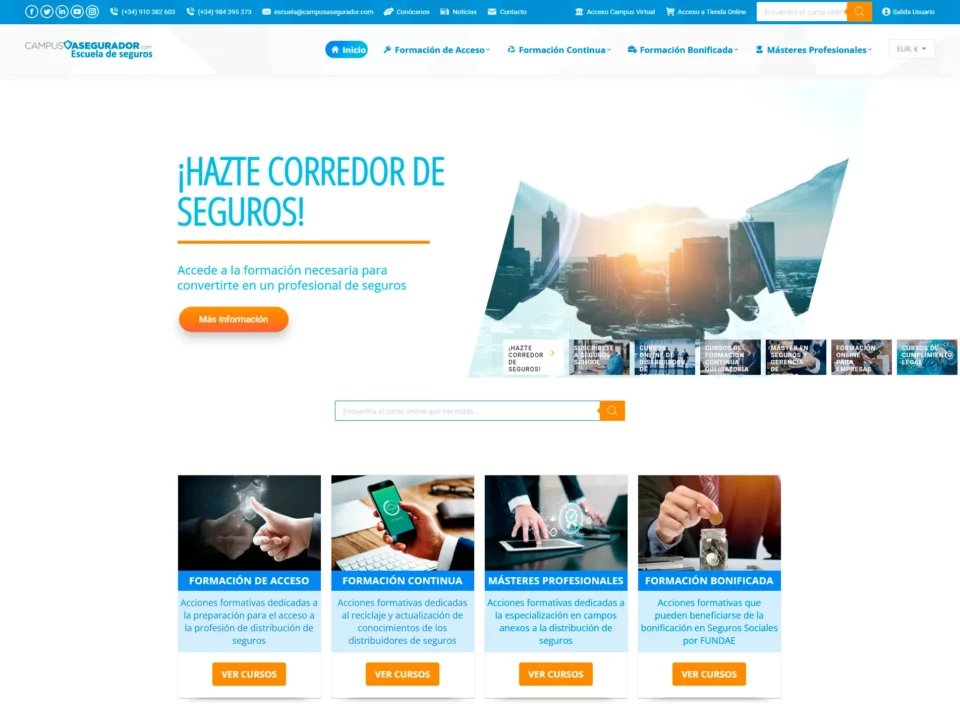 Página principal de Campus Asegurador con cursos para corredores de seguros, formación continua y másteres profesionales.
