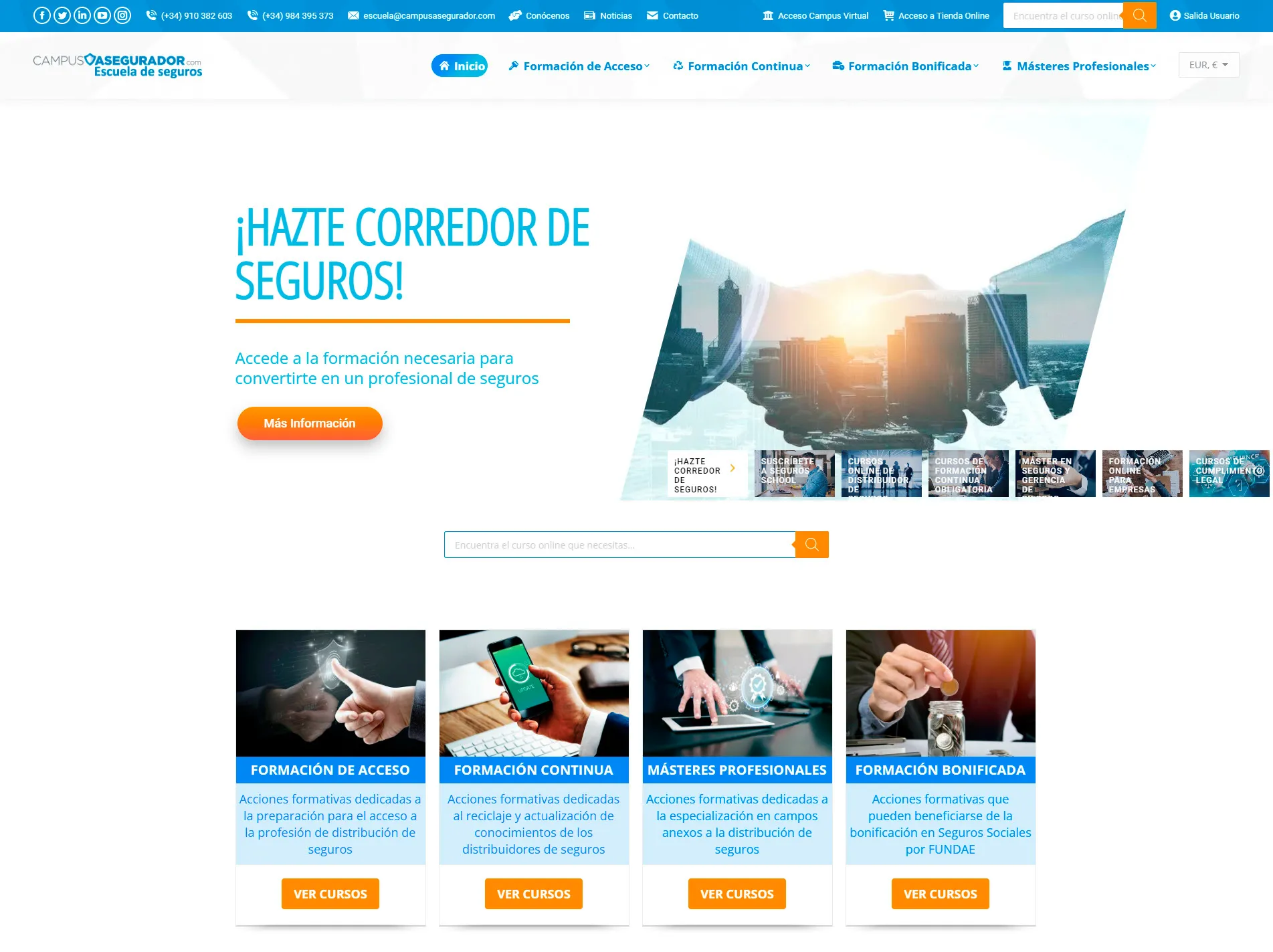 Página principal de Campus Asegurador con cursos para corredores de seguros, formación continua y másteres profesionales.
