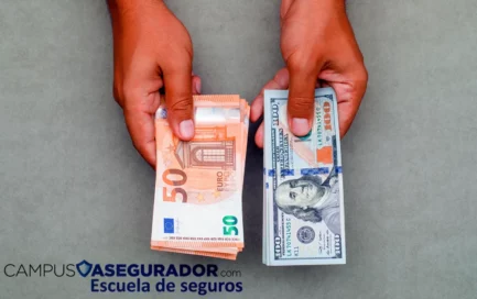 Manos sosteniendo fajos de billetes de 50 euros y 100 dólares estadounidenses sobre fondo gris neutro.