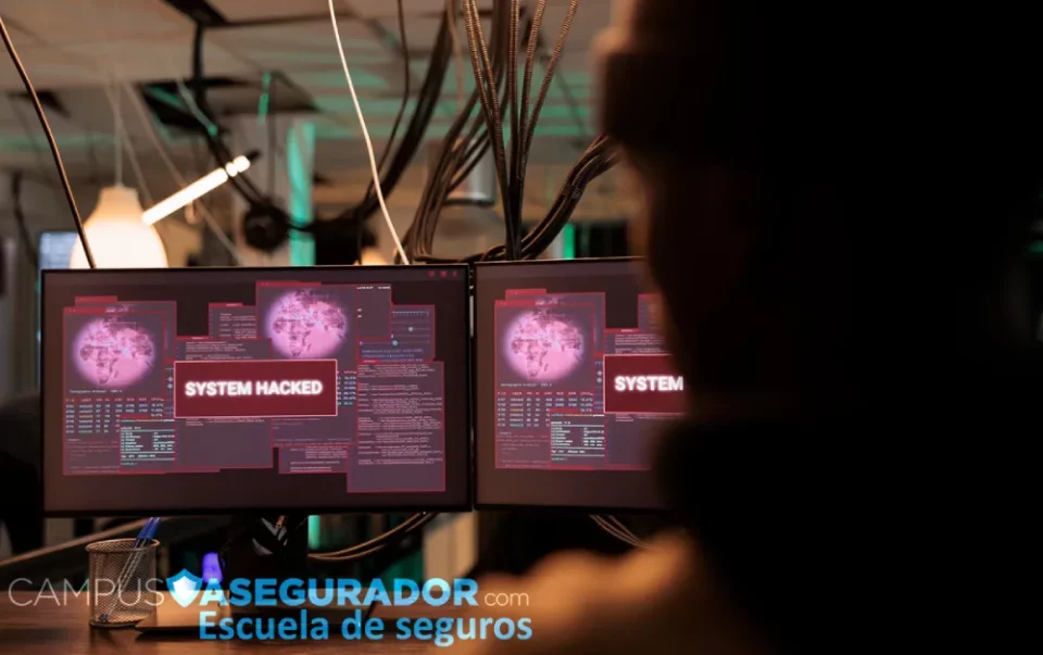 Monitores con mensaje SYSTEM HACKED y mapas globales rojos. Logo de Campus Asegurador Escuela de Seguros en primer plano.