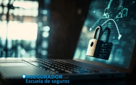 Candado sobre portátil mostrando interfaz cifrada para formación en ciberseguridad de Campus Asegurador.