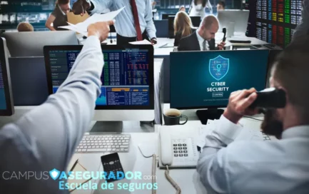 Profesionales en oficina de seguros con monitor de ciberseguridad y logotipo de Campus Asegurador Escuela de Seguros.