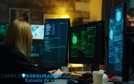 Profesional programando en centro de ciberseguridad avanzado con monitores de datos y logo Campus Asegurador.