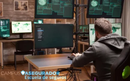 Especialista analizando interfaces seguridad digital en múltiples monitores para Campus Asegurador Escuela de Seguros.