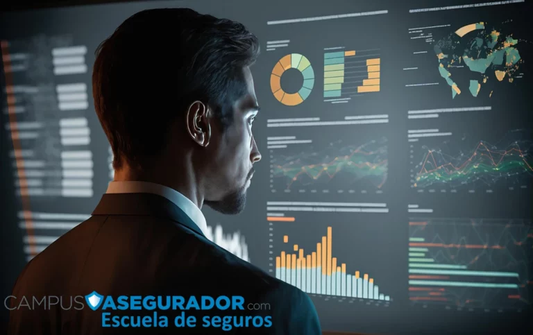 Analista visualiza dashboards con métricas financieras y gráficos interactivos en Campus Asegurador Escuela de Seguros.