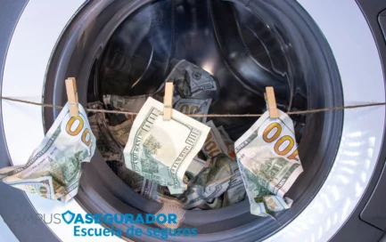 Billetes de cien dólares colgados y dentro de una lavadora simbolizando blanqueo de capitales y prevención de fraude.
