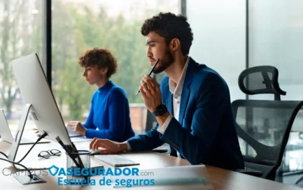 Estudiante de seguros analizando pantalla en espacio de trabajo corporativo con logotipo de Campus Asegurador.
