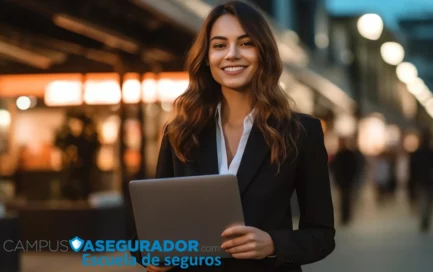 Profesional con portátil y logotipo de Campus Asegurador Escuela de Seguros en entorno urbano con iluminación bokeh.