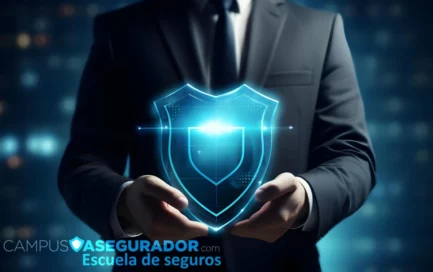 Profesional sosteniendo escudo holográfico azul de protección junto al logo de Campus Asegurador Escuela de seguros.