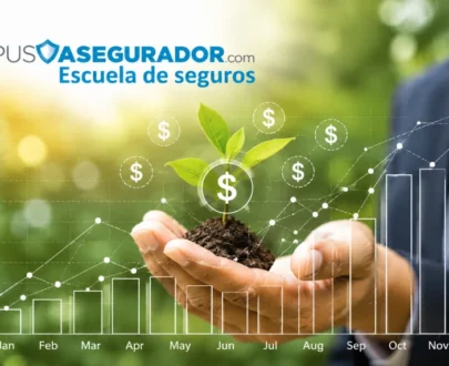 Mano sosteniendo brote de planta sobre gráficos financieros ascendentes y logotipo de Campus Asegurador Escuela de Seguros.