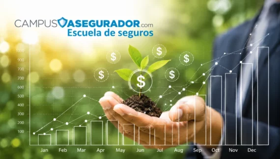 Mano sosteniendo brote de planta sobre gráficos financieros ascendentes y logotipo de Campus Asegurador Escuela de Seguros.