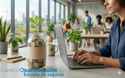 Tarro con monedas y planta junto a laptop y logo de Campus Asegurador, simbolizando ahorro y formación en seguros.