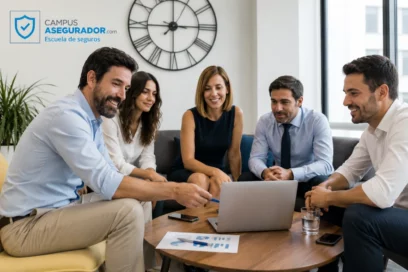 Equipo de profesionales de Campus Asegurador en reunión de trabajo colaborativa con portátiles y material formativo.