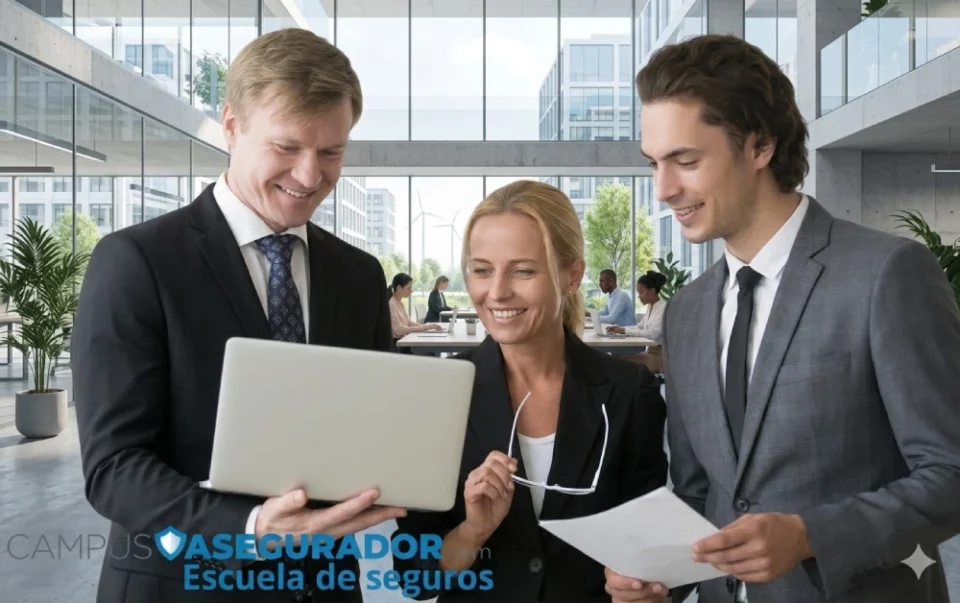 Tres profesionales corporativos revisan laptop junto al logotipo de Campus Asegurador Escuela de Seguros.