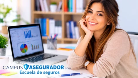 Mujer sonriente ante portátil con gráficos financieros y marca Campus Asegurador Escuela de Seguros.