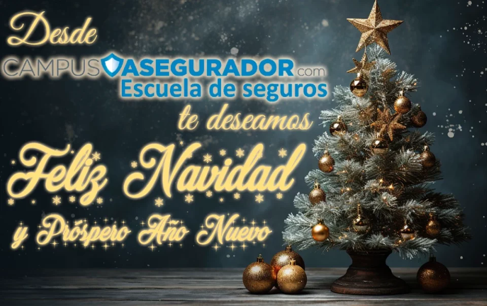 Felicitación de Campus Asegurador con árbol de Navidad plateado y mensaje de Feliz Navidad y Próspero Año Nuevo en dorado.
